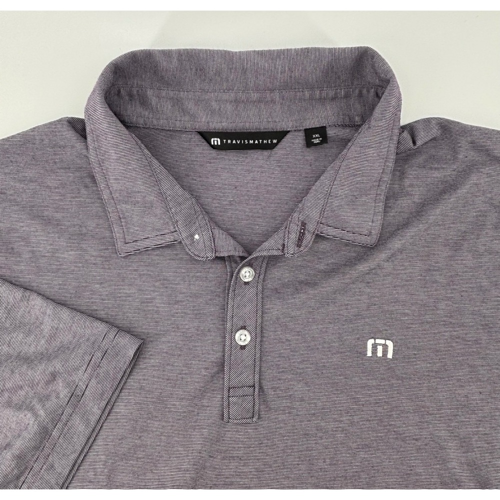TravisMathew Golf Polo Shirt Men's XXL Purple‎ Striped Short Sleeve Logo